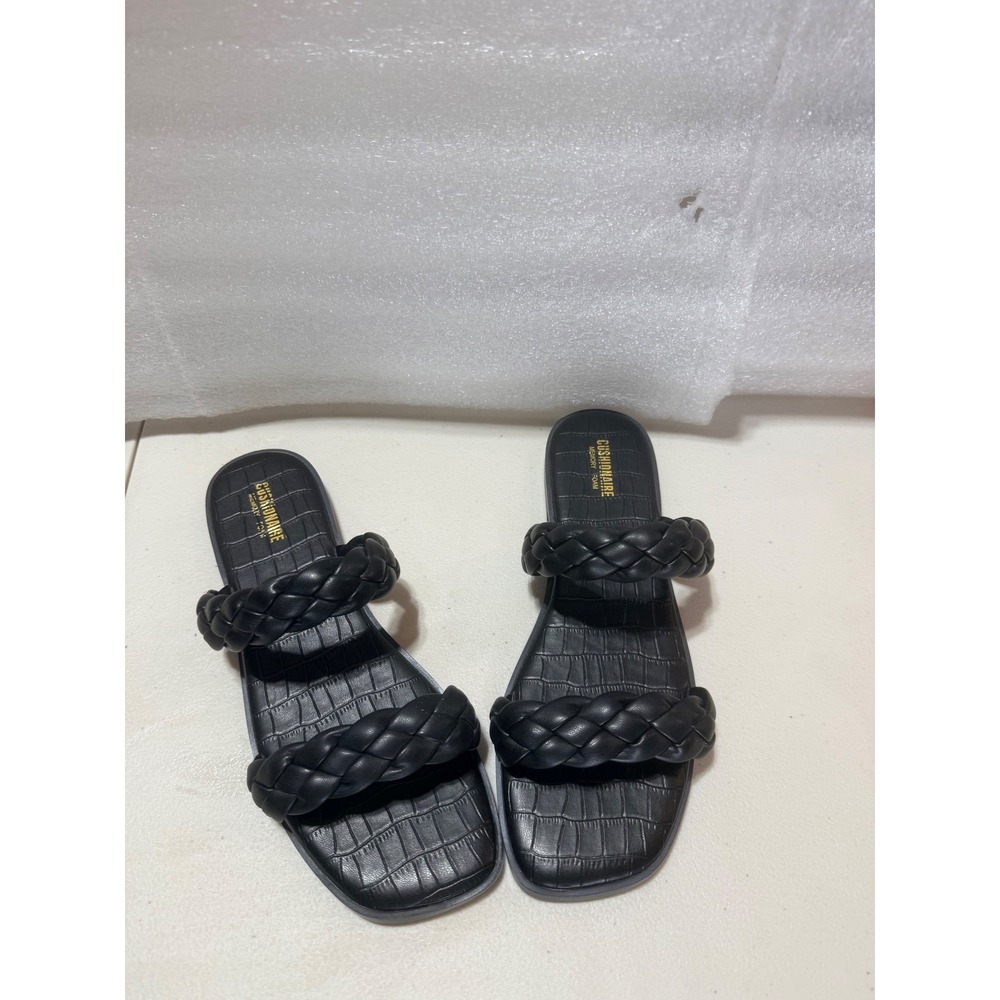 Cushionaire Vicki Black Braided Double Strap Slide Sandals Memory Foam Toe